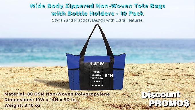 DISCOUNT PROMOS 10 Zippered Non-Woven Tote Bags Set - Customizable Text, Logo - Mesh Pocket, Zippered, Recyclable, Reusable - Blue - 19"X14"X3", with Zipper
