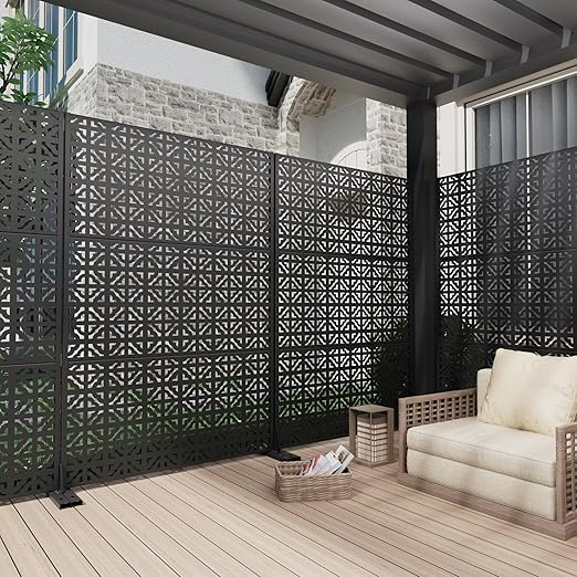 Casaphoria Metal Privacy Screen Outdoor, 72" H x 47" W Freestanding Decorative Privacy Screen for Patio Deck Balcony Garden with Stable Base, Charles Black