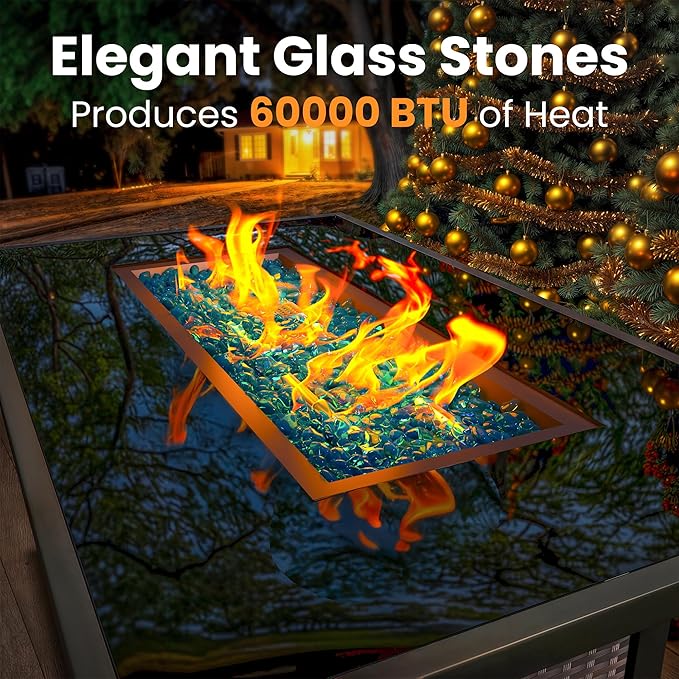Propane Outdoor Fire Pit Table, 43" Rattan Rectangle Fire Pit Table, Outdoor Gas FirePit W/Glass Wind Guard, Tempered Glass Tabletop, Lid, CSA Listed, 60,000 BTU for Outside Patio Deck & Garden, Brown