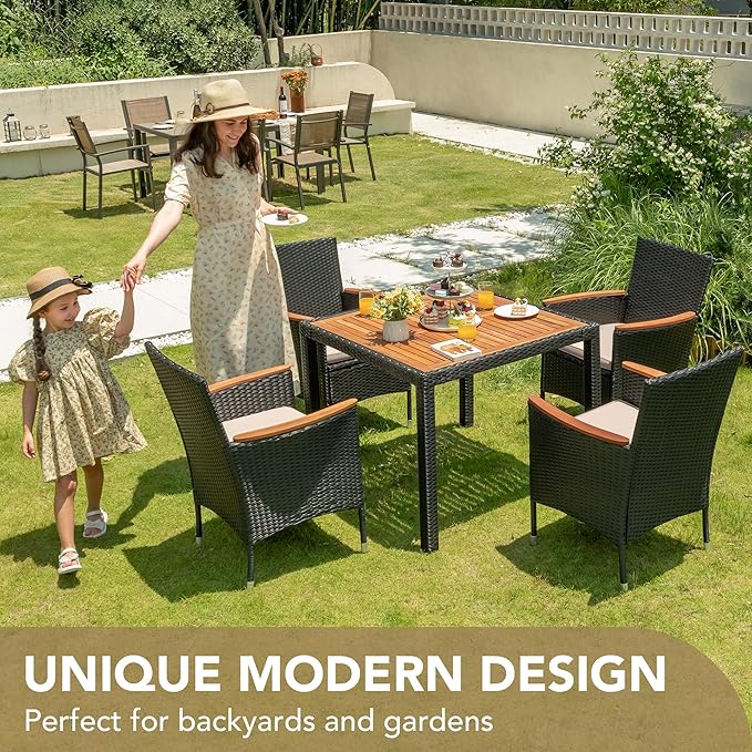 Devoko 5 PCS Furniture, Patio Conversation Set with Acacia Wood Top, Rattan Outdoor Dining Table and Chairs for Backyard, Garden, Deck, Black