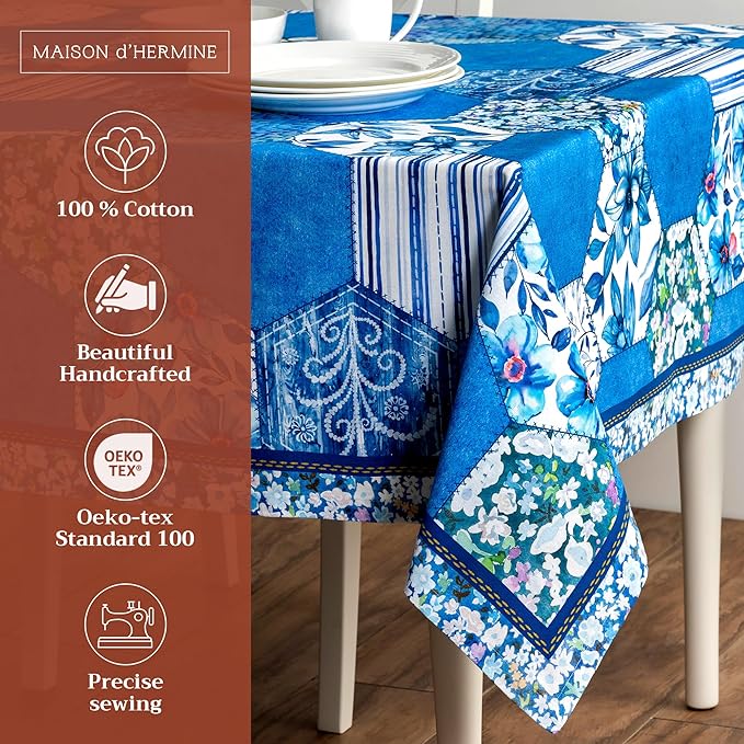 Maison d' Hermine Table Cloth Rectangle Table 100% Cotton 70 x 108 Inches Tablecloth Reusable Decorative for Dining Room, Farmhouse, Home, Party, Festive & Wedding Spring Summer - Summer Blues