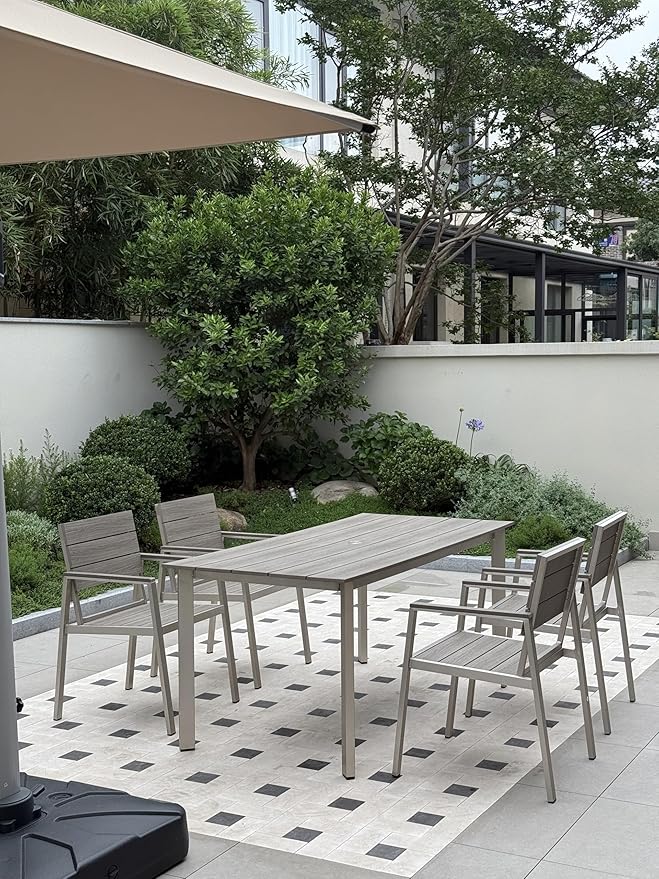Outdoor Dining Set for 6, Patio Table and Chairs Set with Umbrella Hole, 7 Pieces HDPS + Aluminum Outdoor Furniture Sets for Patio, Garden (Gray & Teak)