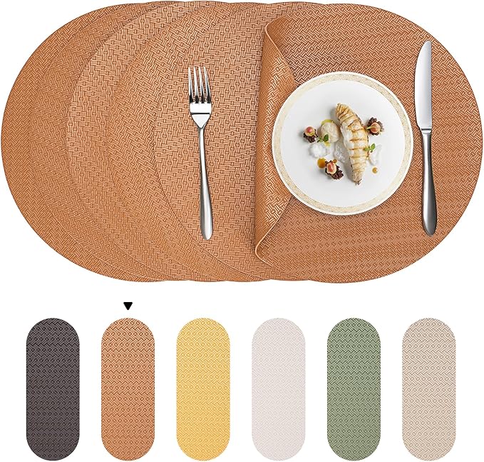 Round Faux Leather Placemats Set of 6 – 13 Inch Vinyl Mats, Heat Resistant, Non Slip, Wipeable & Washable, Easy to Clean Dining Table Decor for Kitchen & Holiday Gatherings – Cinnamon Brown