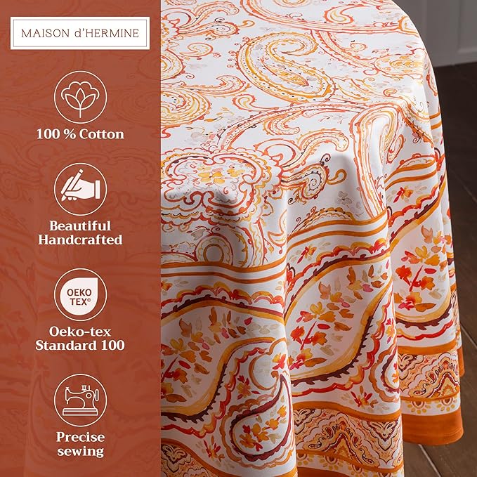 Maison d' Hermine Table Cloth Round Table 100% Cotton 69 Inches Fall Tablecloth Reusable Everyday Use for Thanksgiving Christmas Decorations Dining Farmhouse Party (Palatial Paisley)