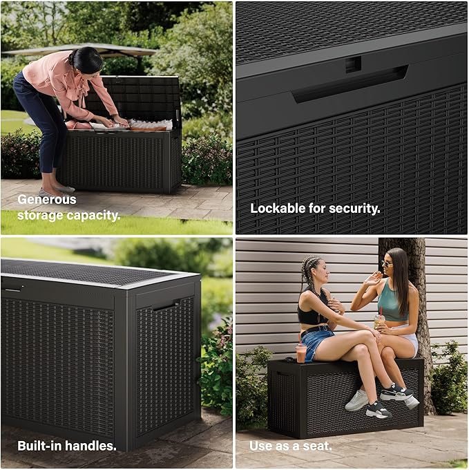 100 Gallon Resin Deck Box, Waterproof Outdoor Storage Box for Patio Furniture, Garden Tools, and Pool Accessories, Lockable UV-Resistant Storage Bin Bench Cabinet for Outside, Black