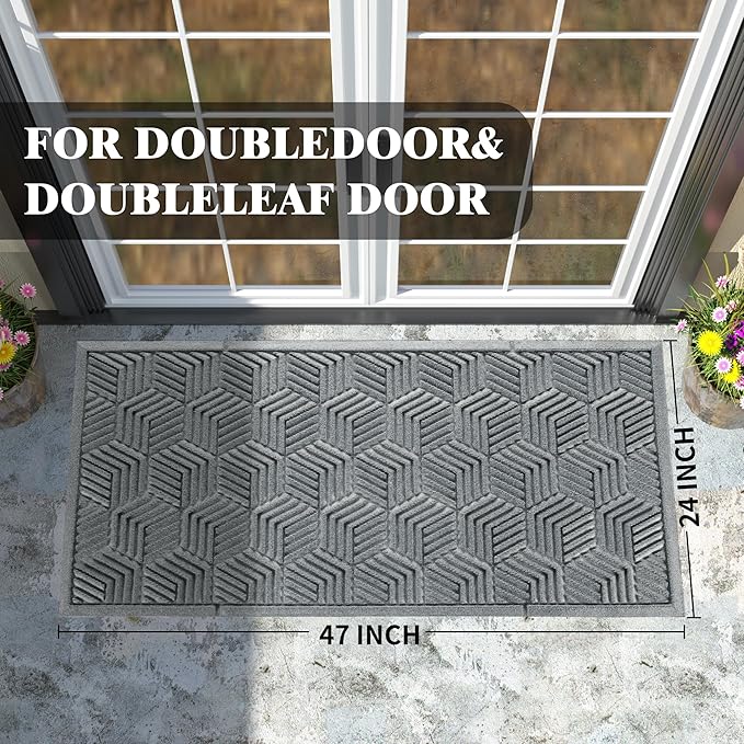 Yimobra Large Door Mat 47x24, All-Season Waterproof Outdoor Mats for Front Door Entrance with Drainage Holes, Heavy Duty Non-Slip Doormat for Garage Patio Entryway Indoor, Black Gray