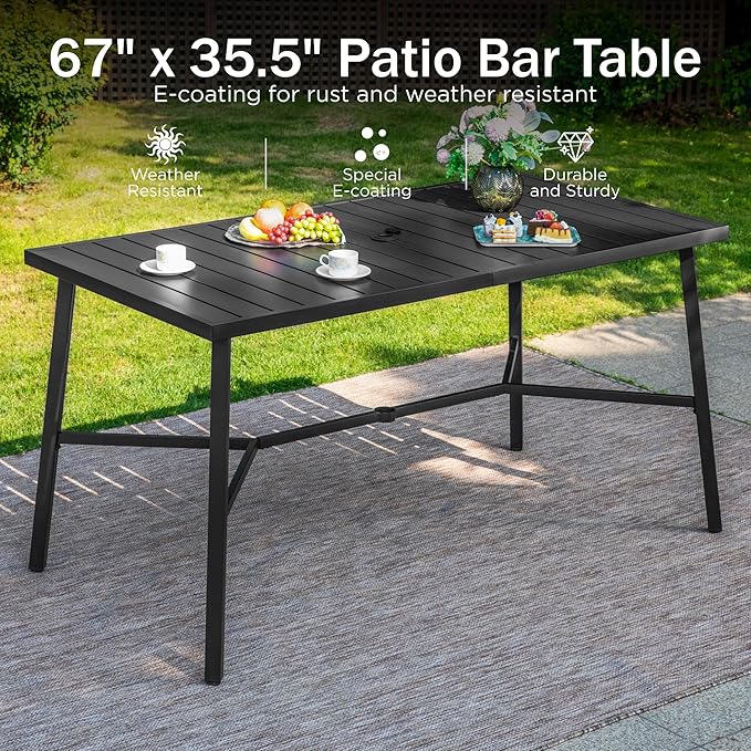 PHI VILLA Outdoor Bar Table, Patio Counter Height Pub Dining Table for 4-6, Waterproof Metal Steel Rectangle Table with Weather Resistant Frame Black for Garden, Yard, Balcony, Kitchen
