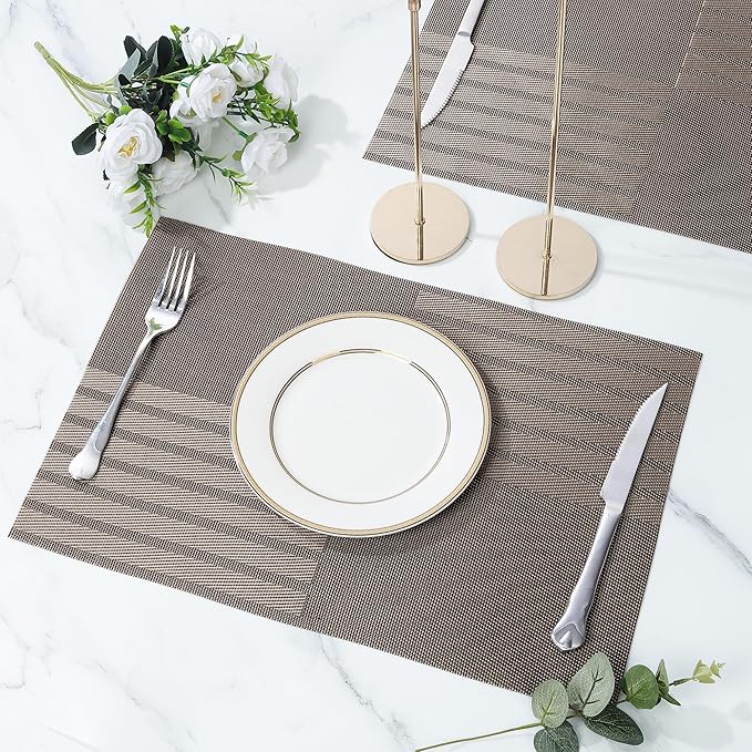 fanquare Vinyl Woven Placemats Set of 6 Classic Stylish Brown Patchwork Striped PVC Placemat for Dining Table Washable Non-Slip Waterproof Table Mats