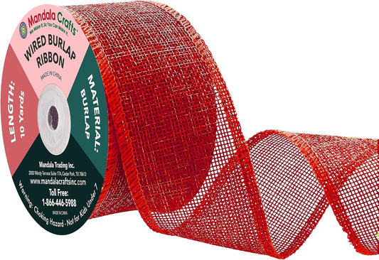 Mandala Crafts Red Burlap Wired Ribbon 2 Inches Wide Jute Ribbons for Crafts - 10 Yds Roll Rustic Burlap Wrap Trim Ribbons for Wreaths Bows Party Decoration