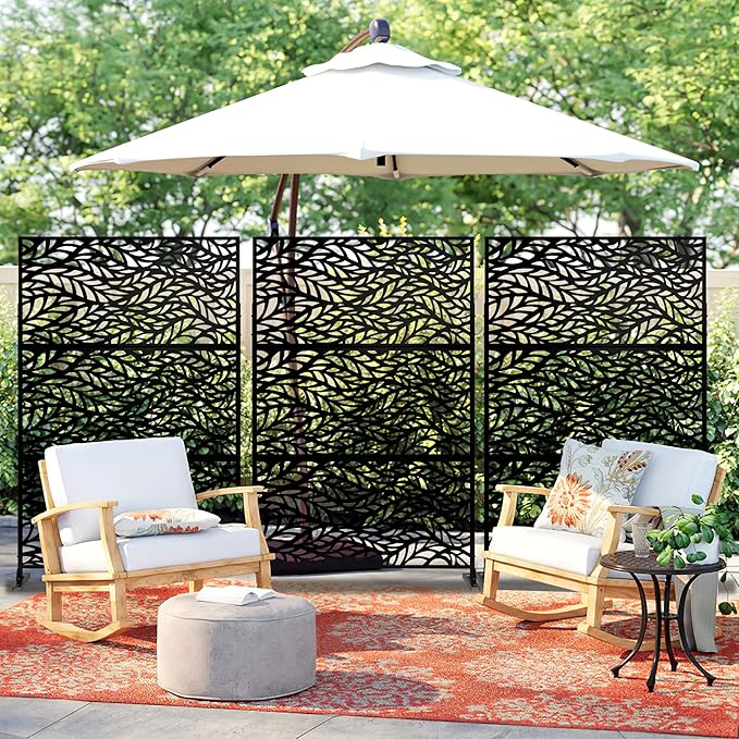 Metal Privacy Screen Outdoor 72" H×47" W,Freestanding Decorative Privacy Screen for Balcony Yard&Garden,Privacy Fence-Black&Leaves