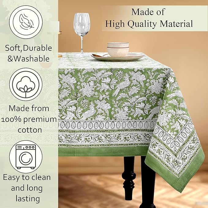 CPC Tablecloth 100% Cotton 70x118 Inch Indian Block Print Rectangle Table Cover, Table Cloth for Weddings, Spring/Summer, Barbeque - Olive Green