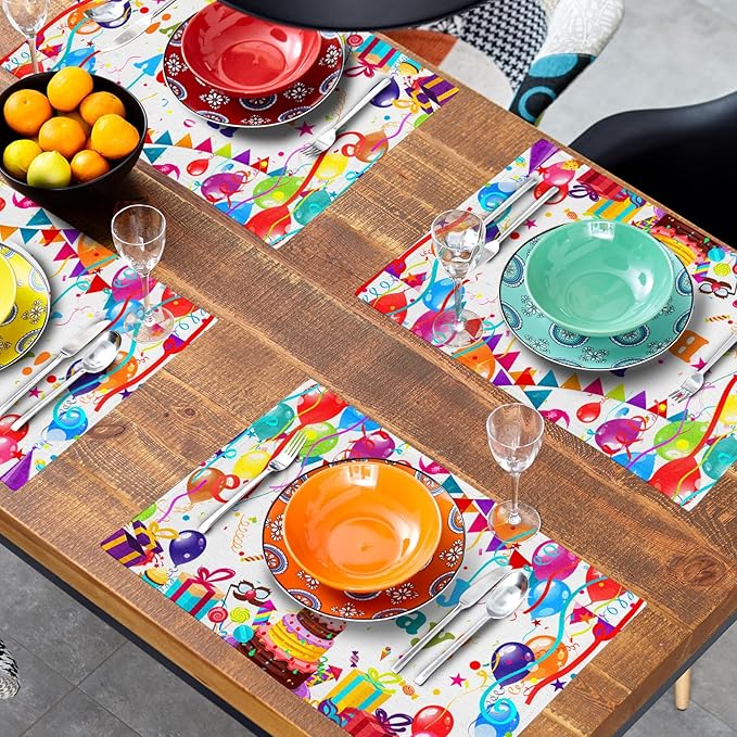 Giwawa Happy Birthday Placemats, Bithday Cake Gifts Decorative Table Mat Set of 4, Colored Flags Balloons Confetti Place Mats 12"x18" for Kitchen Dining Party, Heat Resistant Washable Non-Slip