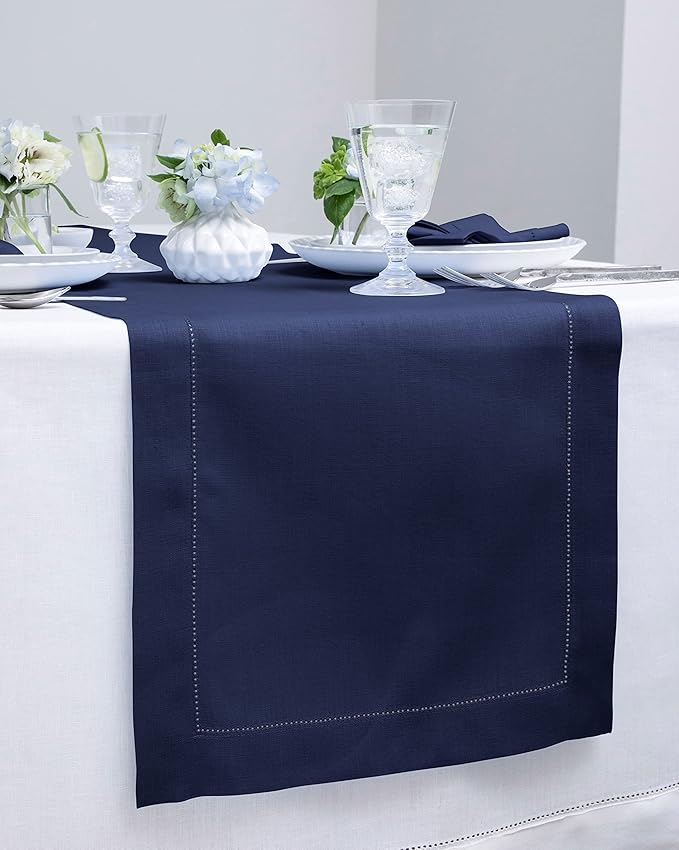 Solino Home Linen Navy Blue Table Runner 132 Inches Long - 100% Pure Linen Extra Long Table Runner 14 x 132 Inch for Easter - Classic Hemstitch