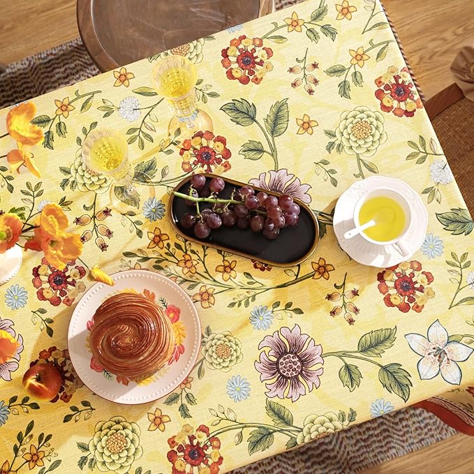 Vintage Linen Tablecloth for Rectangle Table,Yellow Floral French Wrinkle Free Tablecloths,Decorative Table Cover for Kitchen,Dining,Thanksgiving,Party,Farmhouse,55" × 87"-Bellano