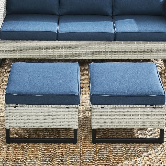 HUMMUH Outdoor Ottomans for Patio Set of 2 PE Wicker Outdoor Footstool with Removable Weather-Resistant Cushions for Patio, Backyard Light Grey Blue