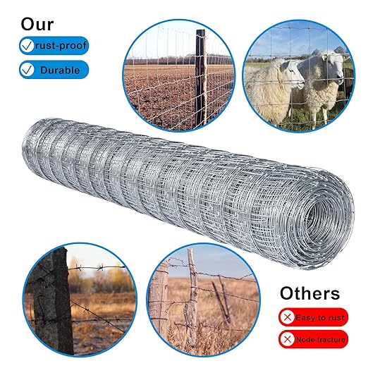 10GA 2.2MM Super Thick Heavy-Duty Farm Fence 4ft x 100ft Heavy Zinc Coating Cattle Fence,Galvanized Field Wire Fencing Deer Fence,Goat Fence,Hog Wire Fencing for Yard Livestock & Animals Protection