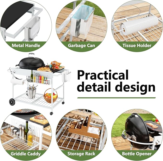 Shintenchi Grill Table for Weber 22" & 18" Original Kettle, Outdor Grill Cart with Wheels, Movable Outdoor Prep Table Cooking Station for JumboJoe and Master-Touch Charcoal Grill