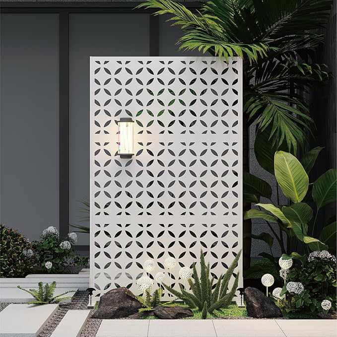 Heavy-Duty Outdoor Privacy Screen for Patio, Balcony, Backyard - 72" H * 44" W Metal Room Divider with Classic Clover Pattern, Anti-Tipping Kit, Weather Resistant, Easy Assembly (White-SYC)