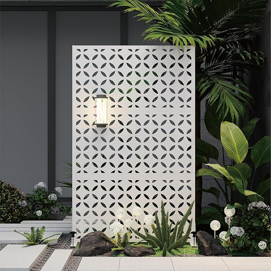 Heavy-Duty Outdoor Privacy Screen for Patio, Balcony, Backyard - 72" H * 44" W Metal Room Divider with Classic Clover Pattern, Anti-Tipping Kit, Weather Resistant, Easy Assembly (White-SYC)