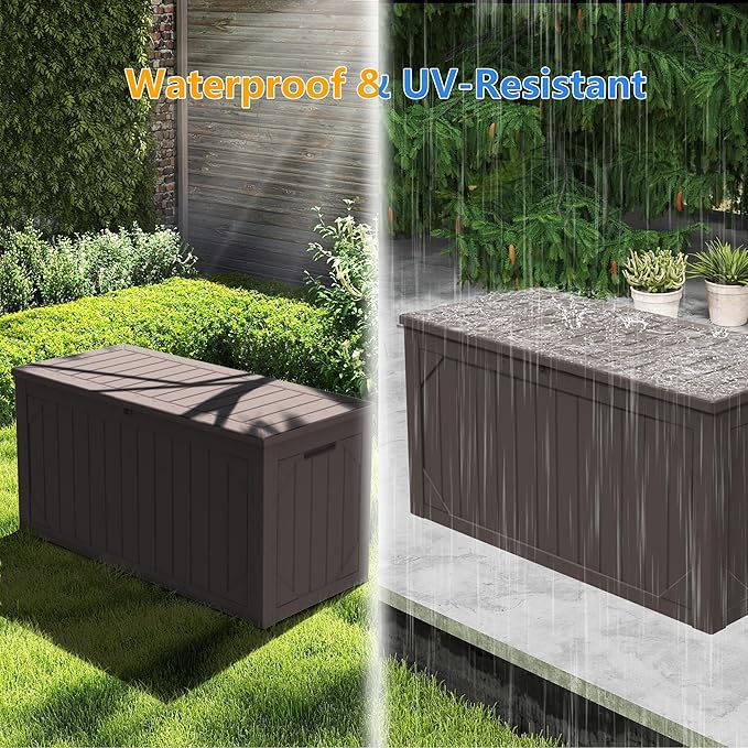 100 Gallon Resin Deck Box, Waterproof Outdoor Storage Box for Patio Furniture, Garden Tools, and Pool Accessories, Lockable UV-Resistant Storage Bin Bench Cabinet for Outside, Brown