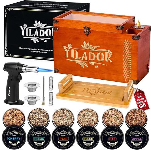 Old Fashioned Smoker Kit – Premium Wooden Gift Box for Whiskey & Cocktails, Electric Fan-Powered 2-in-1 Drink & Food Smoker, Impressive Gift for Men, Complete Set (Smoking Gun Not Required)