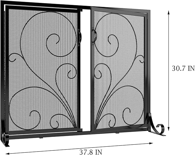 Flat Fireplace Screen with Doors,Solid Wrought Iron Frame with Metal Mesh, Flat Panel Decorative Fireplace Screen with Scroll Design, Free Standing Spark Guard