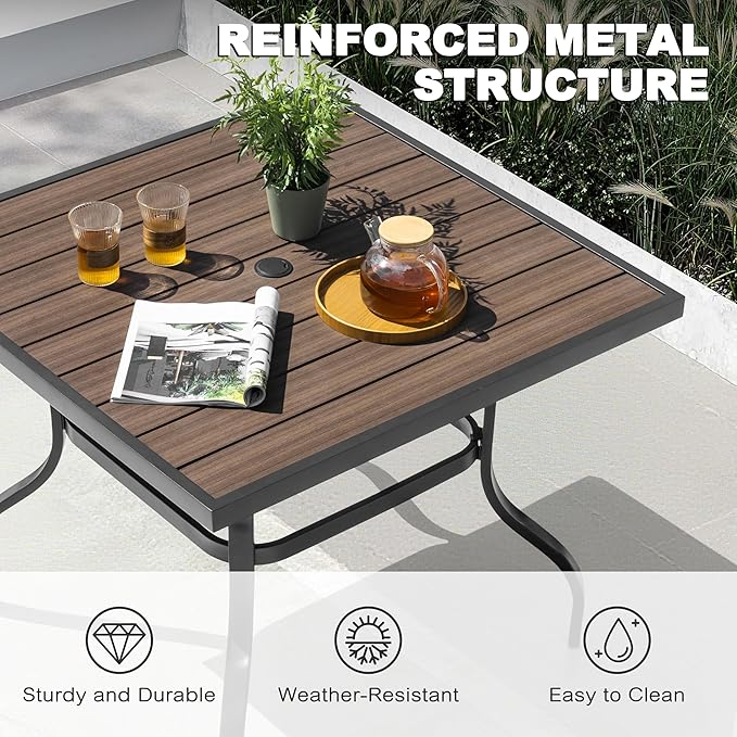 NUU GARDEN Outdoor 37” Square Metal Dining Table, Patio Dining Table with Umbrella Hole, Powder-Coated Metal Table with Faux Wood Tabletop, for Patio, Garden, Backyard and Balcony, Black