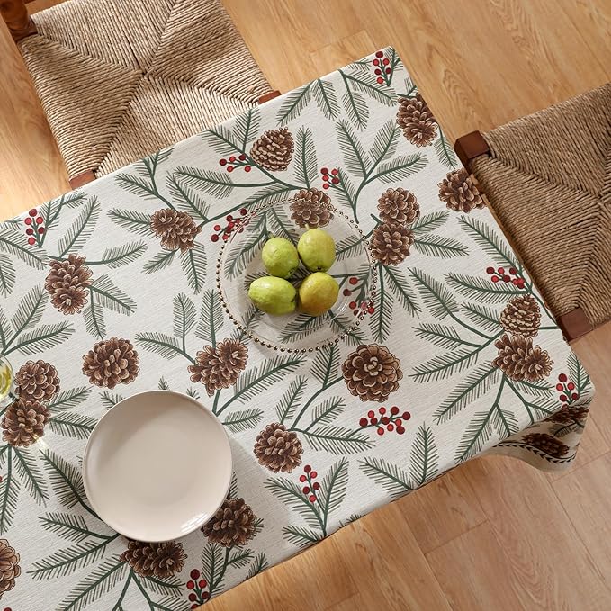 ISAENNE Designer Christmas Beige Linen Small Square Tablecloth,Pinecones Pattern Indoor Tablecloths,Washable Decor Table Cloth for Dining Thanksgiving Kitchen Christmas,55"*55"-Carol B