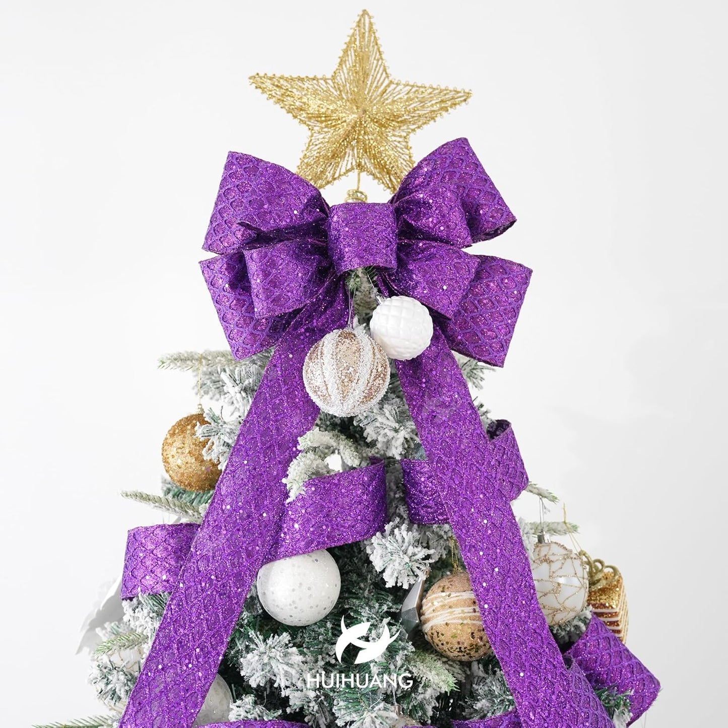 HUIHUANG Purple Wired Christmas Ribbon 4 inch Purple Glitter Wired Ribbon Diamond Mesh Wire Ribbon for X-mas Tree Decorations, Wreaths, Garland, Large Bows Making, Home Decor -10 Yards