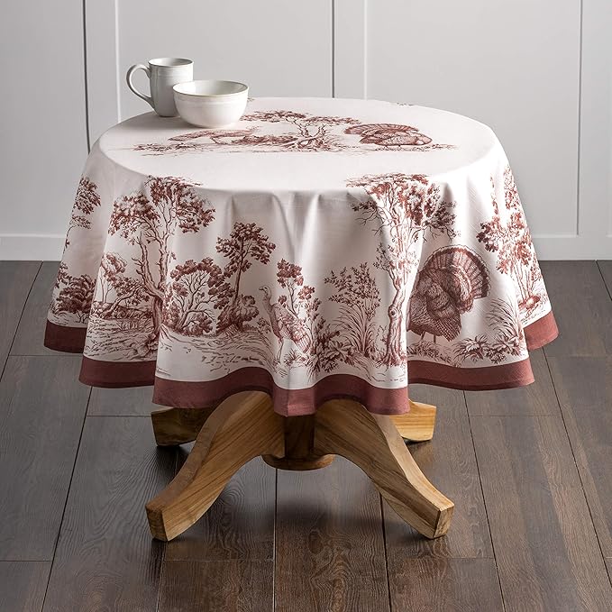 Maison d' Hermine Table Cloth Round Table 100% Cotton 69 Inches Fall Tablecloth Reusable Everyday Use for Thanksgiving Christmas Decorations Dining Farmhouse Party (Holy Jouy - Brown)