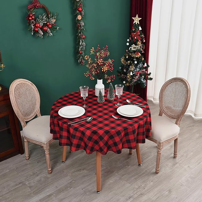 Waterproof Plaid Tablecloth Fabric - Round 108 Inch Classic Gingham Checker Table Cloth for Indoor/Outdoor Use - Buffalo Table Cover for Picnics, BBQs, and Parties