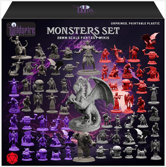 Wildspire Fantasy Monsters & Bookish Dragon for DND Miniatures Unpainted Bulk 28mm-32mm Dungeons & Dragons Minis Pathfinder Figures Fantasy Unpainted Tabletop RPG Miniature Starter Set for D&D