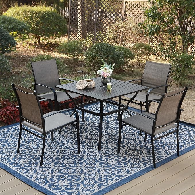 Outdoor Patio Square Dining Table, 37"x 37" Metal Slatted Tabletop with Adjustable Umbrella Hole, All Weather Wrought Iron Black Outdoor Table for Deck Lawn Garden Backyard, Black
