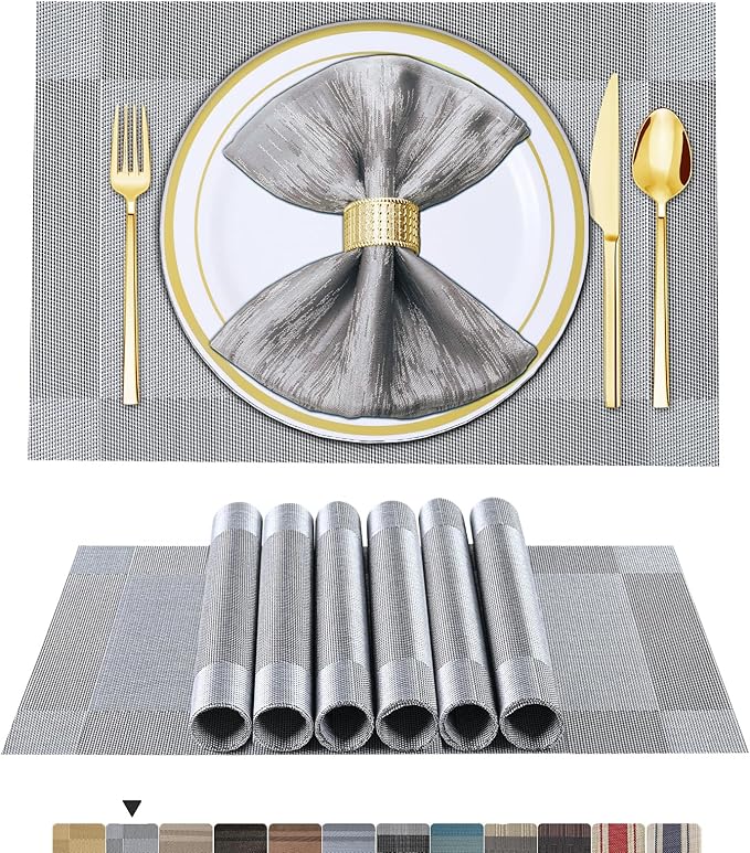 BETEAM Placemats Set of 6, Woven Vinyl Placemat for Dining Table Washable Wipeable Kitchen Place Mats Durable Indoor Outdoor Table Mats