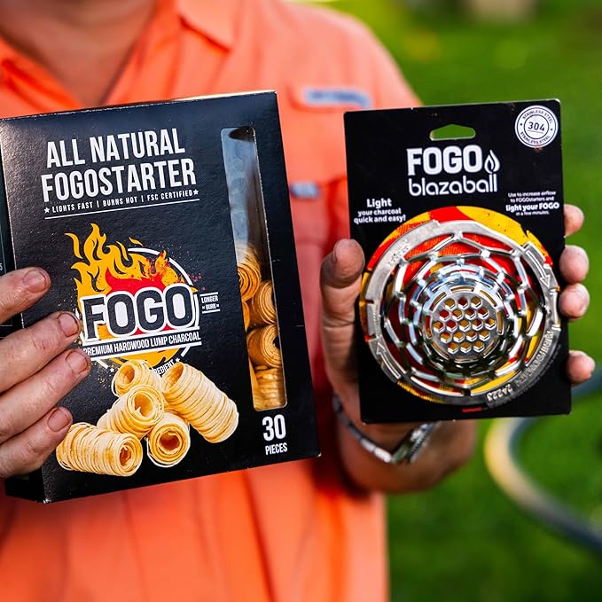 FOGO Super Premium Hardwood Lump Charcoal 35 Pound Bag, Fogostarters Natural Fire Starters and Blazaball Bundle