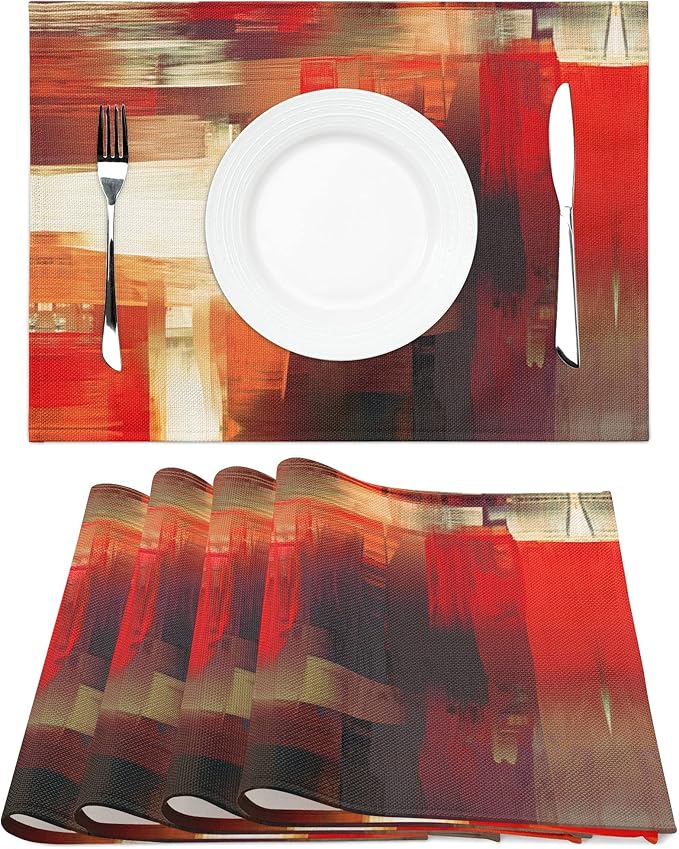 Modern Art Placemats Set of 4 Red Abstract Painting Place Mats Washable Linen Placemat for Kitchen Dining Table Home Party Banquet Decor 18x12 Inches