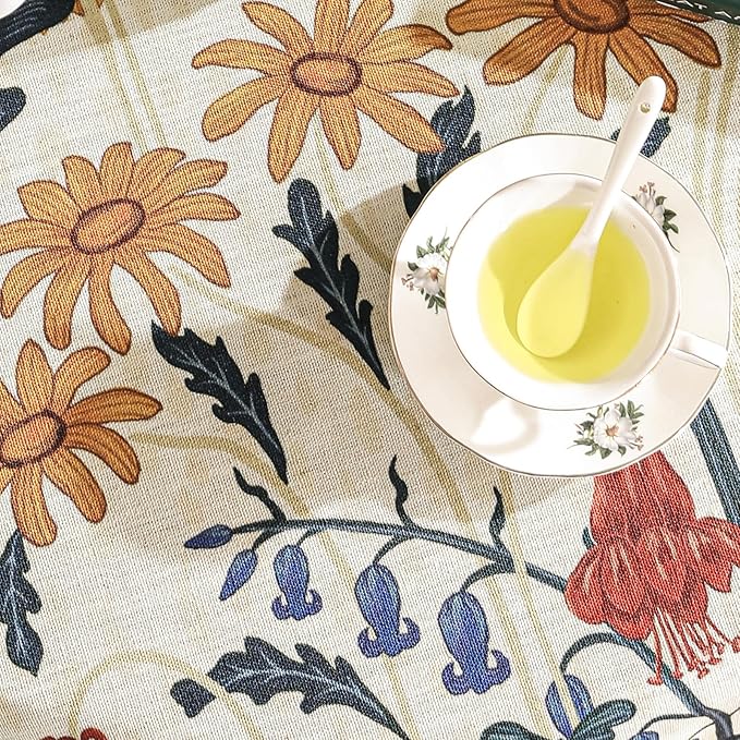 French Vintage Round Tablecloth,Linen Tablecloth with Gold and Red Floral Pattern,Decorative Table Cover for Kitchen,Dining,Thanksgiving,Party,Living Room,Diameter 67"-Tijuana