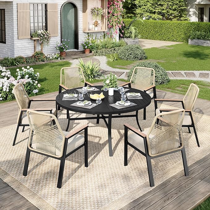 Outdoor Patio Round Dining Table for 6, 54"x 54" Metal Round Table with Adjustable Umbrella Hole, All Weather Wrought Iron Black Outdoor Table for Deck Lawn Garden Backyard, Black
