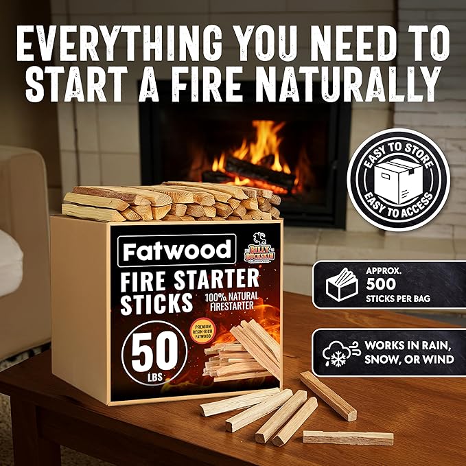 50lb Fatwood Fire Starter Sticks | 100% Natural Fire Starters for Fire Pit, Wood Stoves, Fireplaces & Bonfire | Easy Start w/Just 2 Sticks Burns in All Weather Conditions by Billy Buckskin (50lb Box)