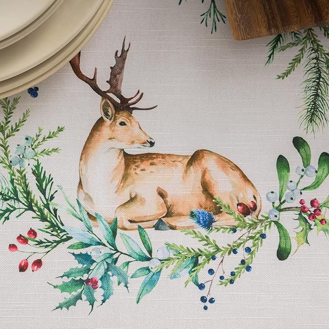 Maison d' Hermine Table Cloth Round Table 100% Cotton 63 Inches Fall Tablecloth Reusable Everyday Use for Thanksgiving Christmas Decorations Dining Farmhouse Party (Holly Time)