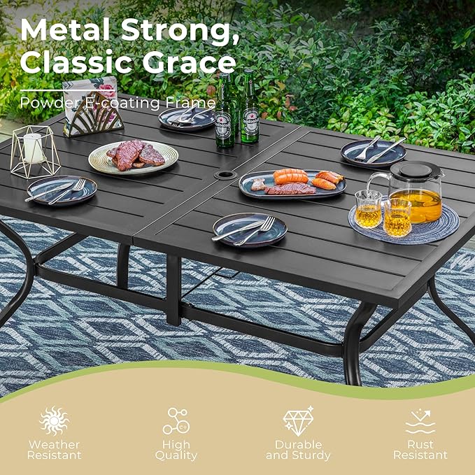 Outdoor Patio Dining Table for 6, 60" x 37" Rectangular Metal Patio Dining Table with Umbrella Hole for Garden, All Weather Wrought Iron Black Outdoor Table Backyard and Porch, Black