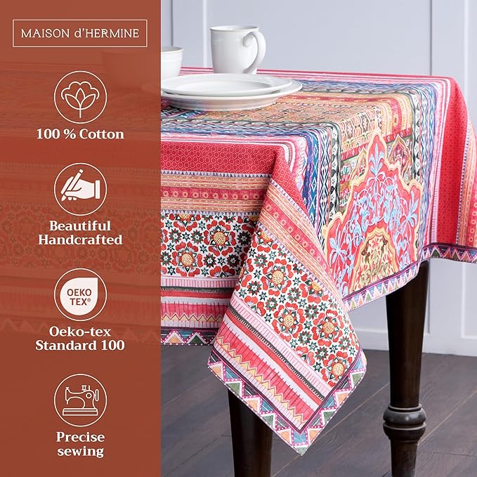 Maison d' Hermine Table Cloth Rectangle Table 100% Cotton 70 x 108 Inches Fall Tablecloth Reusable Everyday Use for Thanksgiving Christmas Decorations Dining Farmhouse Party (Ispahan)