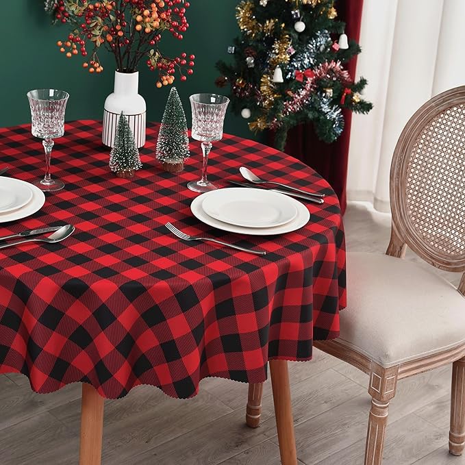 Waterproof Plaid Tablecloth Fabric - Round 90 Inch Classic Gingham Checker Table Cloth for Indoor/Outdoor Use - Buffalo Table Cover for Picnics, BBQs, and Parties