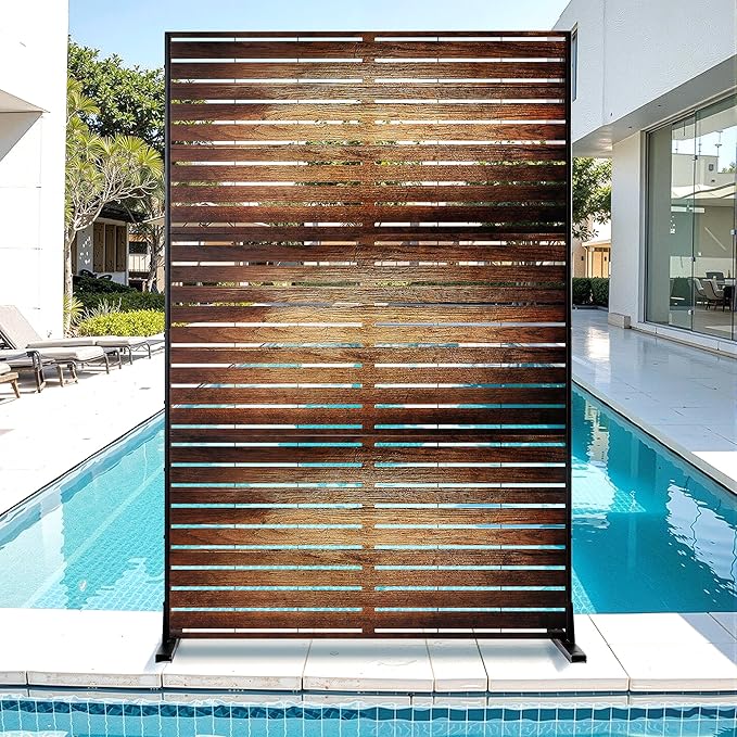 Metal Privacy Screen for Outdoor & Indoor Use, Free Standing Privacy Screen for Patio Garden Pool, 72" H x 47" W Decoative Privacy Panels, Weather Resistant, Easy Assembly (Wood Grain)