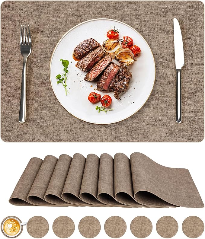 Vinyl Placemats Set of 8, Faux Leather Waterproof and Heat Resistant Place Mats, Washable Anti-Slip Table Mats with Coaster, Wipeable Placemats for Indoor & Outdoor 17" x 12" (Light Coffee, Set of 8)