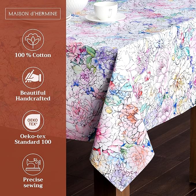 Maison d' Hermine Table Cloth Rectangle Table 100% Cotton 60 x 120 Inches Tablecloth Reusable Decorative for Dining Room, Farmhouse, Home, Party, Festive & Wedding Spring Summer - Floral Love