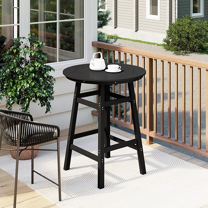 Costaelm Patio Bistro Table, 42" Counter Height Round Patio Cocktail Bar Table with Umbrella Hole, Outdoor Bistro Dining Pub Table for Front Porch Deck Backyard Garden, Black
