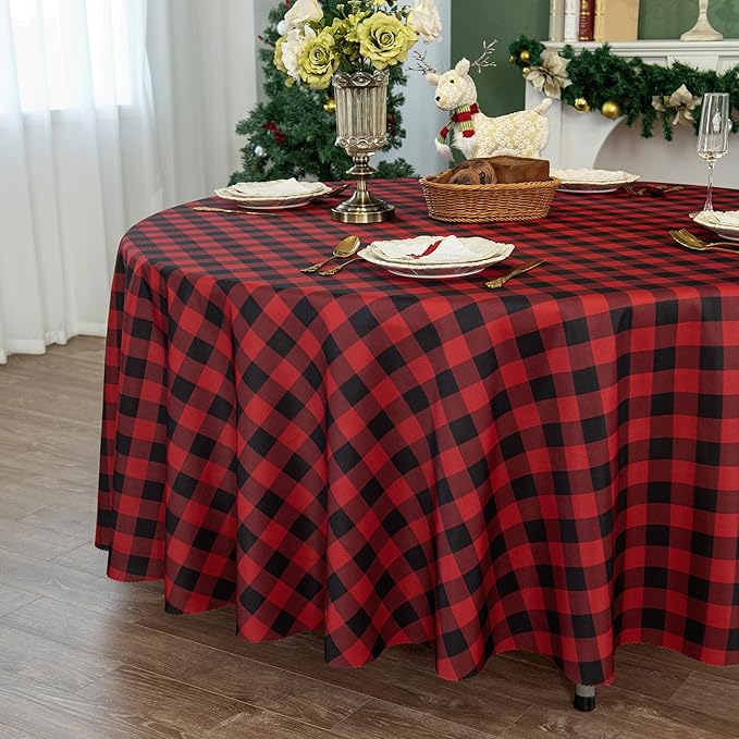Waterproof Plaid Tablecloth Fabric - Round 120 Inch Classic Gingham Checker Table Cloth for Indoor/Outdoor Use - Buffalo Table Cover for Picnics, BBQs, and Parties