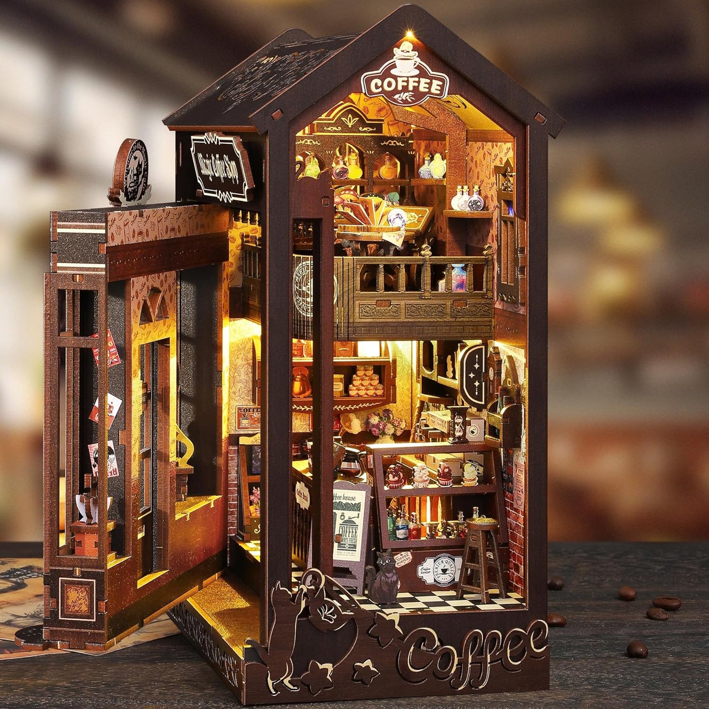 ISSEVE Book Nook Kit - DIY Miniature Dollhouse Booknook for Adults Teen, 3D Wooden Puzzle Tiny House Kit Bookshelf Decor, Gifts for Men Women Halloween Christmas Birthday (Coffee Shop)