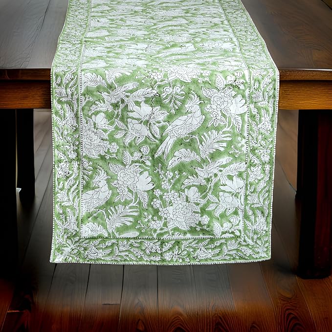 CPC Cotton Table Runner 16x90 Inch Block Printed Long Fall Table Runner for Dining Table, Card Table, Coffee Table, Wedding, Farmhouse & Outdoor Barbeque-Olive Green